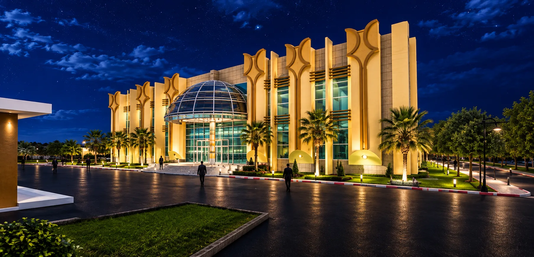 Même vue de nuit : façade éclairée sous un ciel étoilé