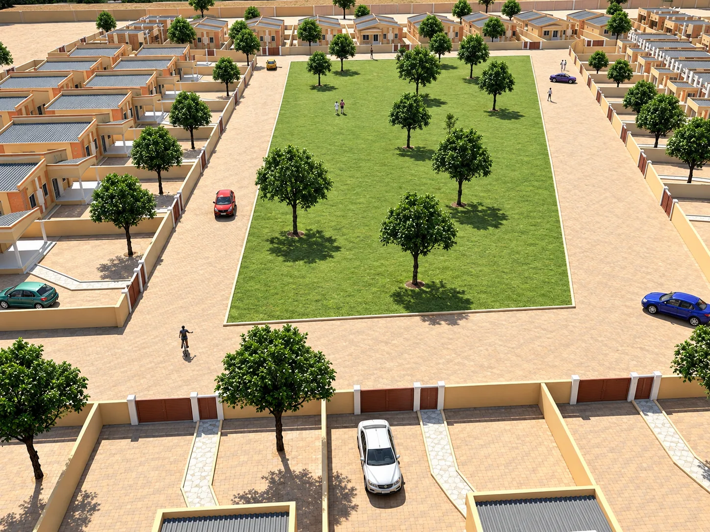Cité Alpha Djadi, vue aérienne : place engazonnée plantée d'arbres, entourée de parcelles closes par des murs