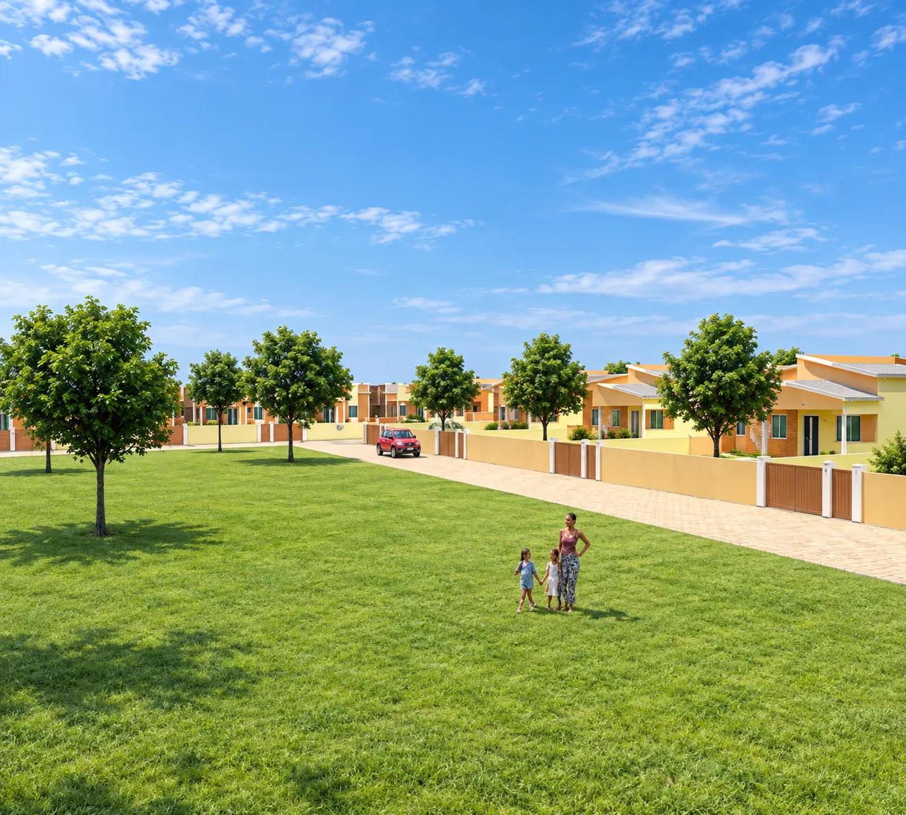 Cité Alpha Djadi, vue depuis la place engazonnée : arbres, promeneurs et maisons en fond