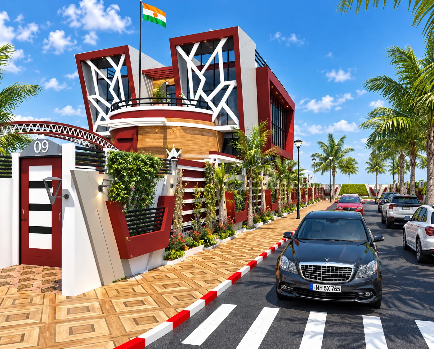 Villa présidentielle, vue de jour depuis la rue : façade aux claustras blancs et rouges, drapeau du Niger et palmiers