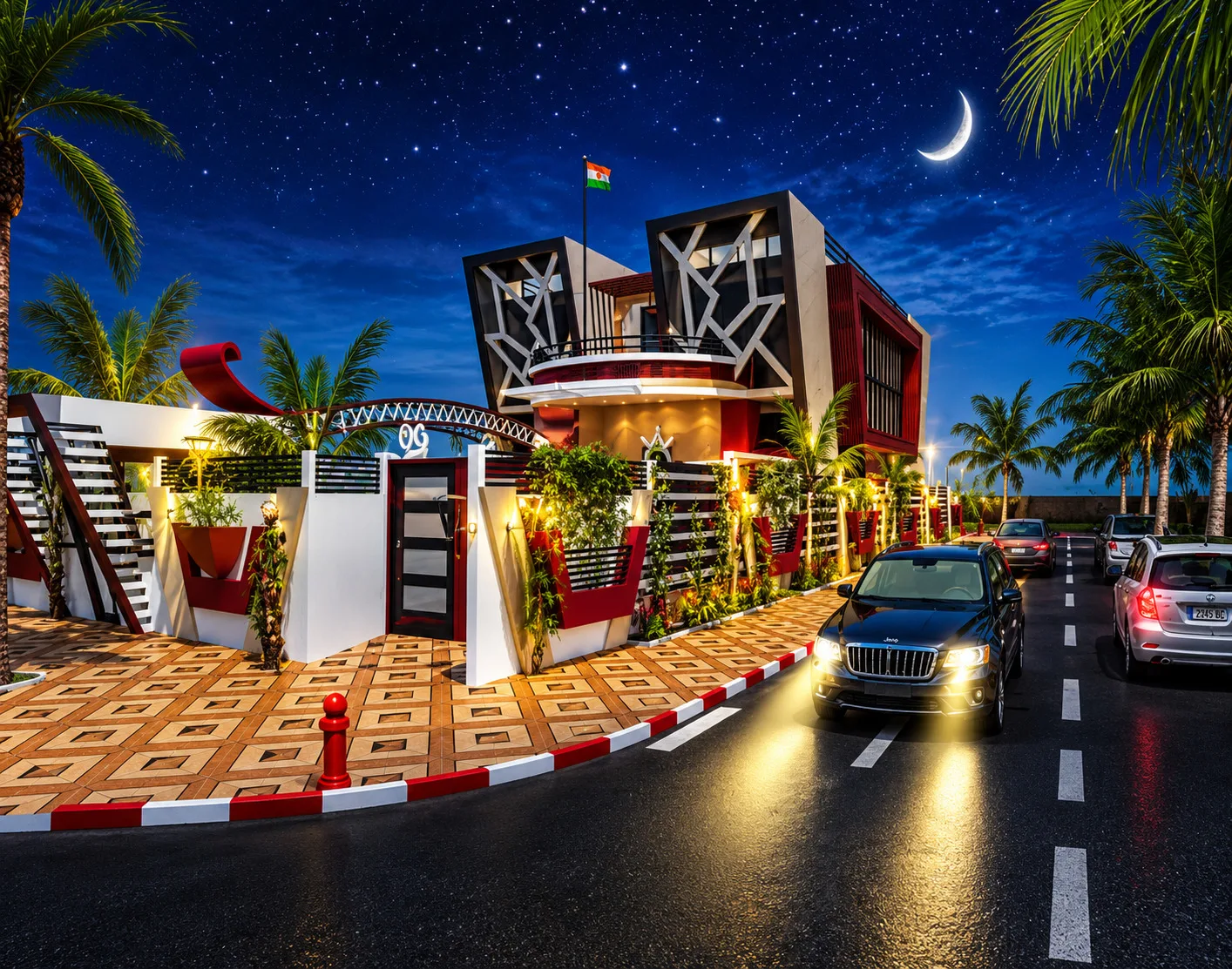 Villa présidentielle, vue de nuit depuis la rue : façade éclairée, ciel étoilé et croissant de lune