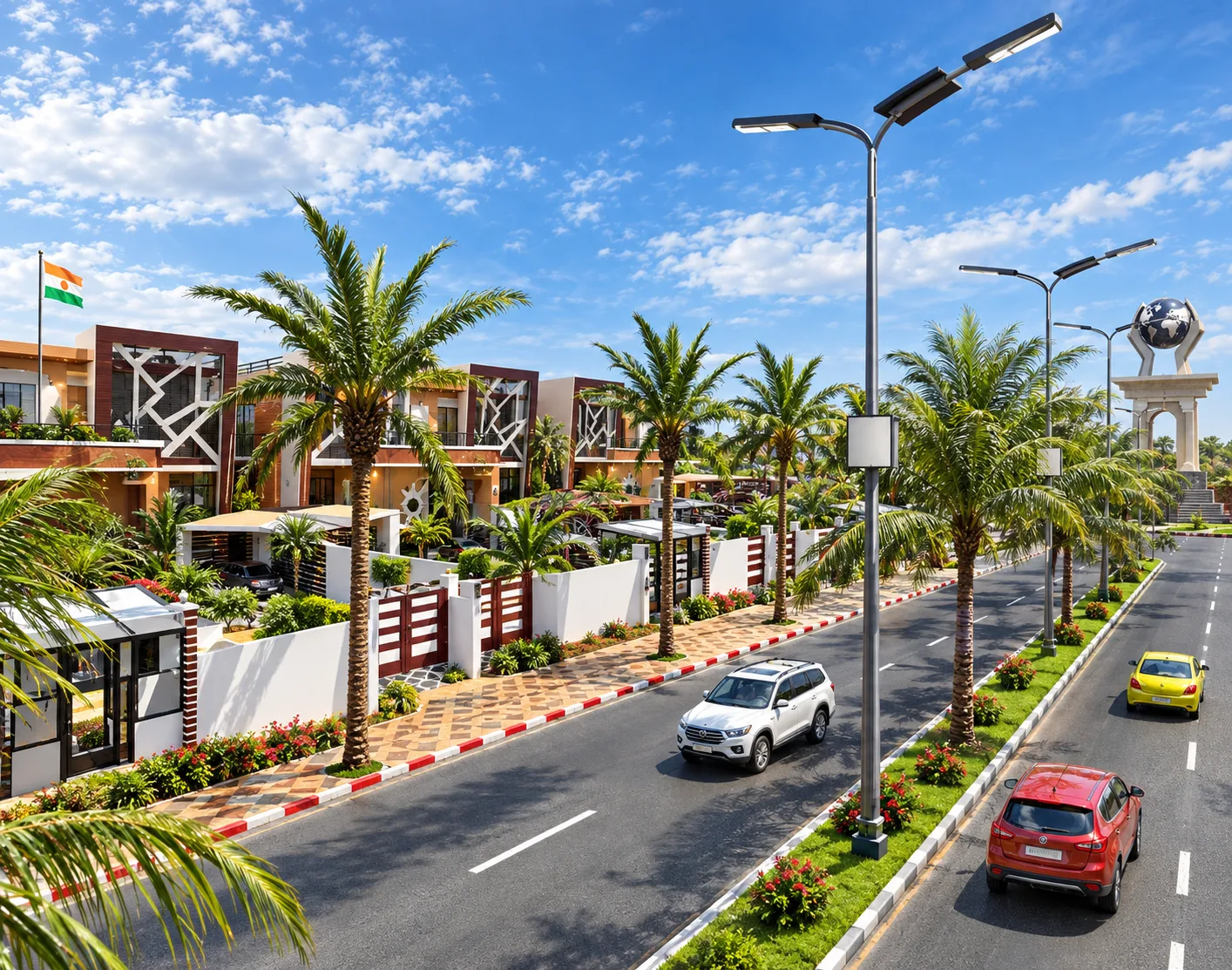 Villa présidentielle — vue d'ensemble de l'avenue bordée de villas et de palmiers